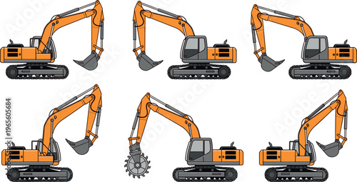 Excavator machine vector illustration set with different angles, heavy construction equipment, crawler digger, industrial machinery collection, engineering vehicles isolated on white background