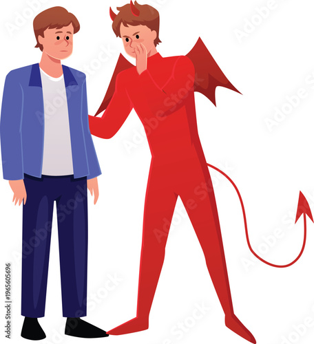 Man decide or think with harmful devil, wrong ethical decision, evil human incitement, vector flat temptation scene