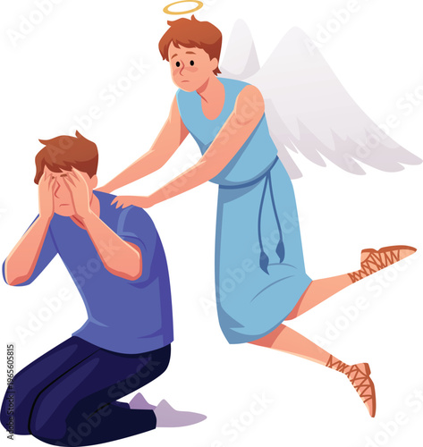 Man grieving sitting on my knees and covering my face with hands, angel with wings calms the crying guy flat vector