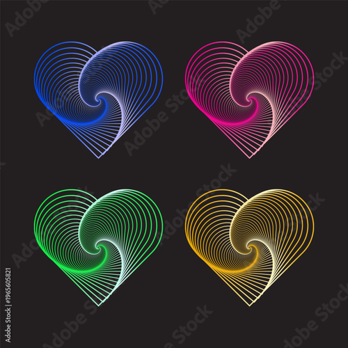 Heart icon set. Spiral Vector symbol. Colorful neon shape. Four 4 emotion art. Manual vector only. No autotrace used.