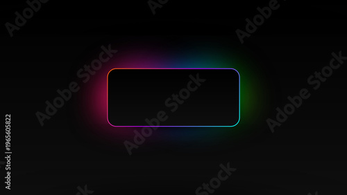 Glowing neon rounded rectangle frame on black background futuristic banner template with empty copy space for button label title text gaming interface overlay and modern tech design