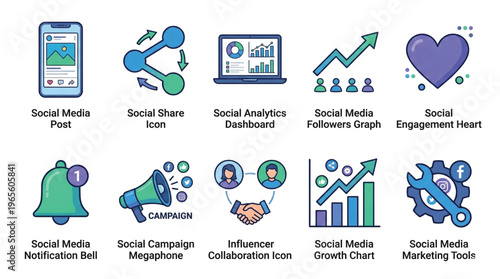 Comprehensive icons representing various aspects of social media marketing strategies