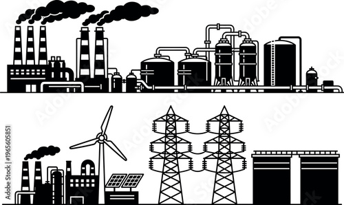 Industrial factory and power energy silhouette vector with oil refinery, wind turbine, solar panels, transmission towers, electricity generation system, black illustration isolated on white background