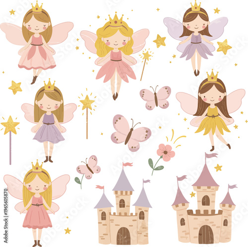 Whimsical fairy tale princesses and castles in a fantasy world