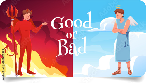 Good or bad vector flat banner, cartoon heaven and hell, devil and angel on different sides. Fire flame blue sky clouds