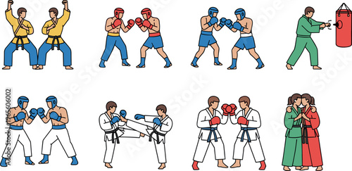 Martial arts and boxing vector illustration set featuring karate, judo, sparring fighters, training actions, combat sports collection, athletes practice, flat design isolated on background