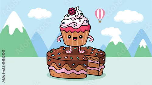 Whimsical Dessert Delight: A cheerful cartoon cupcake, with a sweet smile, stands atop a delectable chocolate cake slice, ready to embrace the joyous journey of celebration.
