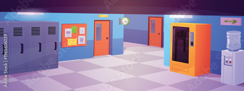 School corridor vector flat illustration, cartoon hallway interior with lockers, snack vending machine, classroom door