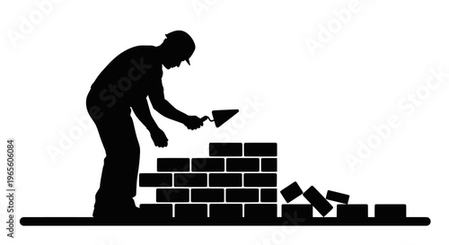 Black Silhouette of a Mason Building a Brick Wall with Trowel