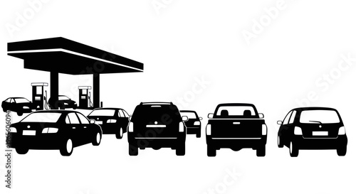Black and White Silhouette of Cars at Gas Station, Automotive Industry