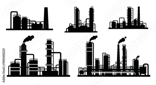 Black Silhouette of Industrial Factory Buildings and Structures on White