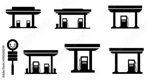 Black  White Glyph Icons of Gas Stations and Road Sign