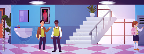 Students are talking in the school corridor, vector flat hallway interior with stairs, lockers, plants, sink with mirror