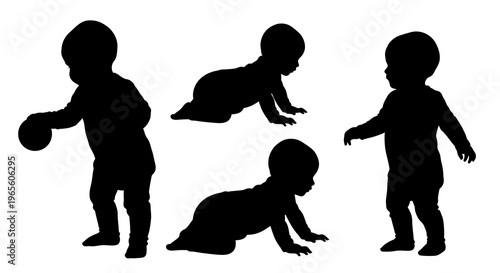 Black and White Silhouette of Babies Crawling and Standing, Vector Art