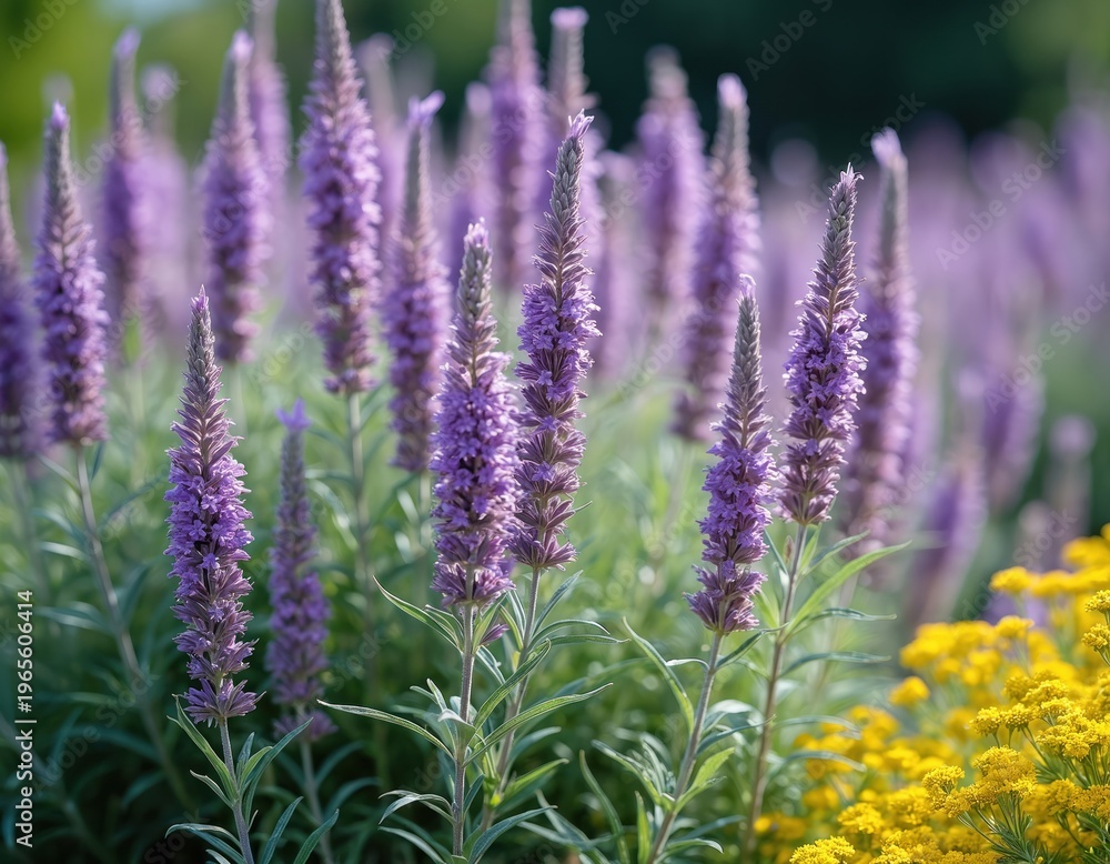 Obraz premium Field of Russian sage plants in bloom with lavender purple flowers and green stems. Tall spiky blooms grow in summer garden with yellow flowers nearby.