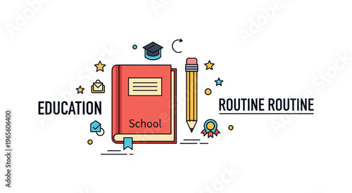 Education routine badge with a book, pencil, and subtle ?School? label conveying learning, structure, and growth. Minimalist flat vector illustration, compact