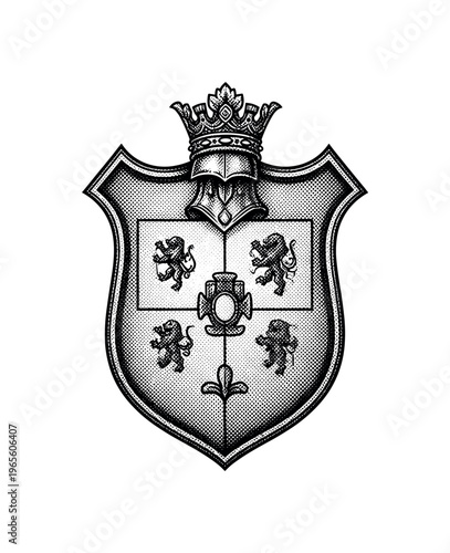 A heraldic shield with elaborate antique engravings and layered ornamental borders, isolated in minimal composition, black and white halftone illustration,