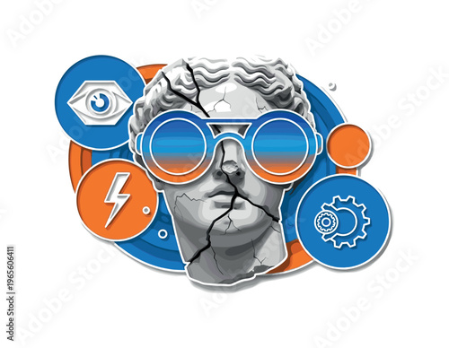 broken classical statue head with abstract futuristic glasses, overlapping orange and blue circles with symbolic elements, layered paper cut-out look with