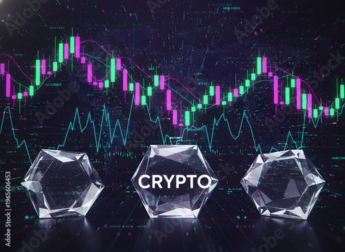 Cryptocurrency concept with crystals and stock market graph in background