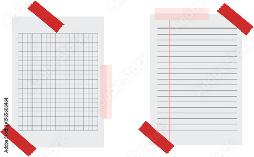 Minimalist paper notes with red adhesive tape, lined and grid notebook pages vector, blank stationery elements for scrapbooking and planning