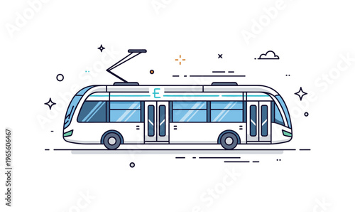 Future city transport scene featuring an electric bus or tram moving smoothly with clean lines and subtle glow accents expressing innovation, sustainability,