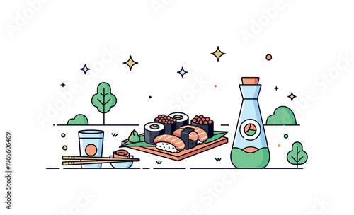 Relaxed sushi moment a tiny picnic scene with sushi arranged neatly and subtle nature hints creating a calm atmosphere. A soft and balanced illustration