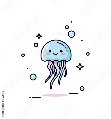 Happy jellyfish float a small jellyfish drifting upward with a cheerful smile and subtle bubble accents around. The composition conveys lightness and playful