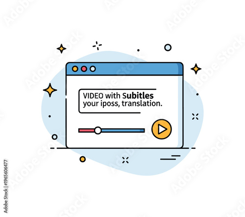Video with subtitles scene featuring a media player window with text captions and a play button expressing comprehension, translation, and user friendly