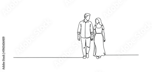 Quiet Connection. Minimalistic one-line drawing a couple walking closely together while holding hands, continuous single black line on white background, simple
