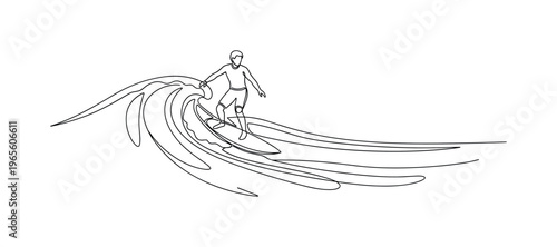 Wave Flow. Minimalistic one-line drawing a surfer riding a long smooth wave line, continuous single black line on white background, simple outline style, no