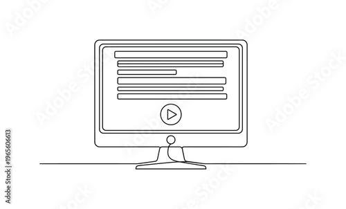 Post Production Concept. Minimalistic one-line drawing monitor with layered video tracks and small play button icon, continuous single black line on white