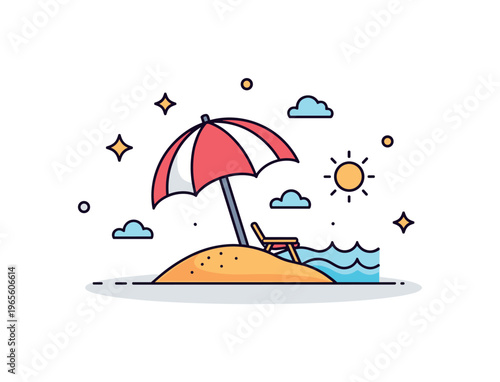 Beach relaxation spot a tiny umbrella casting shade over a small sandy area with soft sun and wave accents. A warm and inviting visual of outdoor comfort and