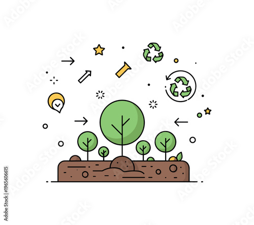 Forest regeneration illustration with small trees growing from soil and subtle arrow icons expressing progress, recovery, and environmental improvement.