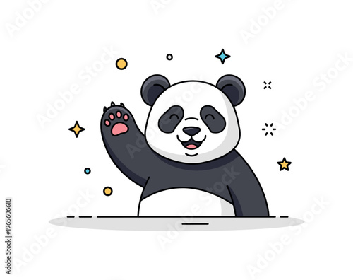 Panda greeting a cute little panda raising its paw in a friendly wave with a warm cheerful expression. A welcoming and positive scene capturing friendliness