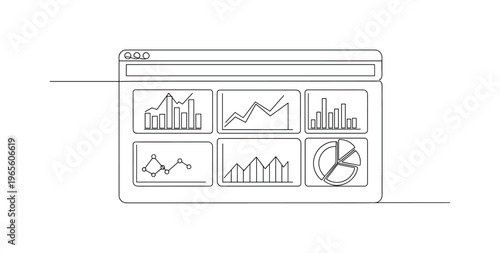 Business Intelligence Concept. Minimalistic one-line drawing dashboard window with multiple small chart panels and graph lines, continuous single black line on