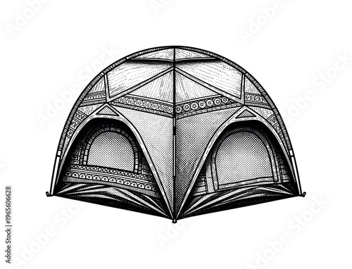 A compact dome tent with visible seams and engraved detailing, black and white halftone illustration, dot pattern texture, vintage editorial engraving style,