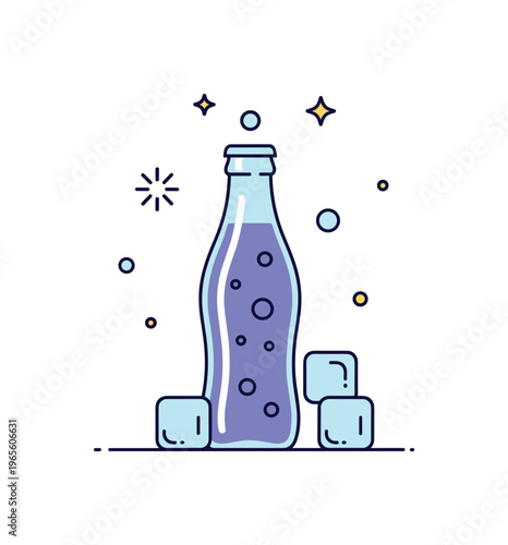 Cold soda refreshment scene with a chilled bottle and small ice cube icons expressing coolness, thirst quenching, and summer vibe. Minimalist flat vector