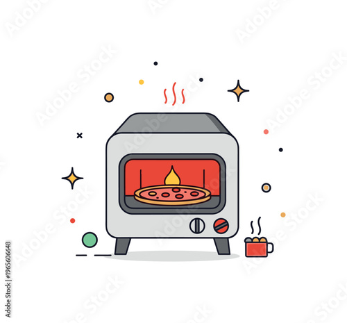Warm food moment a tiny oven with a glowing interior and a pizza inside surrounded by subtle decorative dots. A cozy and satisfying illustration emphasizing