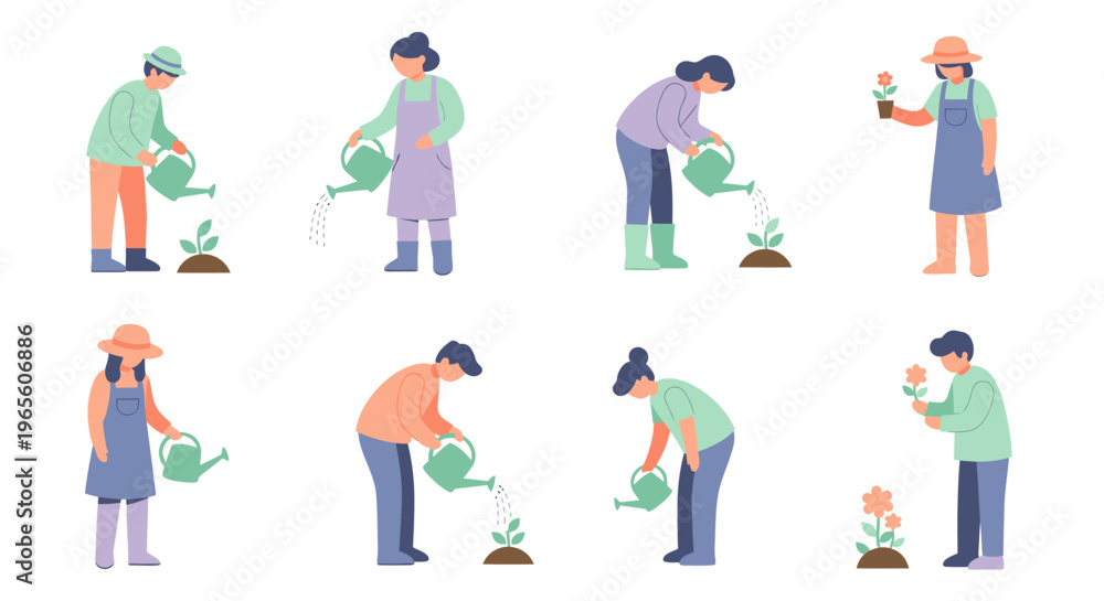 Fototapeta premium Diverse People Gardening, Watering Plants, Spring Activity Flat Illustration