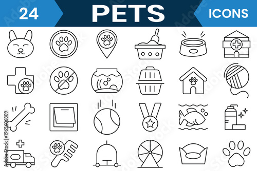 Animals and Pet Care, Icon Set. Veterinary and pet care outline icons set. Related to pet friendly cons. Pet Care flat vector illustration.