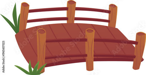 A brown wooden bridge made of planks with railings and green grass.