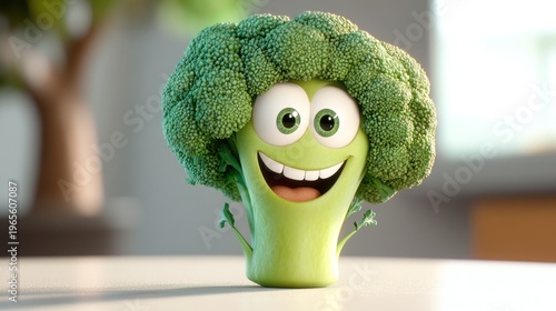 Happy broccoli character stands and smiles on a table, blurred window in background, for healthy food