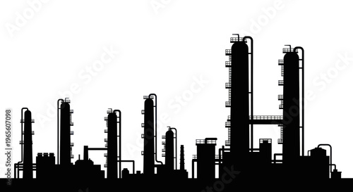 Black  White Silhouette of Oil Refinery Industrial Complex