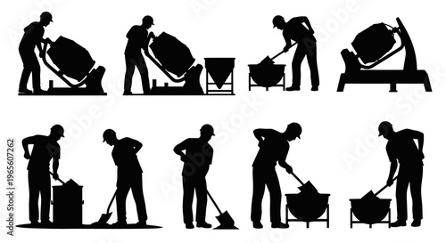 Construction worker silhouettes mixing cement in concrete mixers and with shovels
