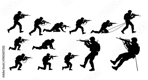 Black Silhouette Soldiers with Rifles, Military Action Poses, Vector Art