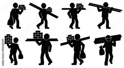 Construction worker silhouette carrying bricks and beams, black and white icon
