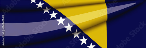 Waving Bosnia and Herzegovina flag illustration with blue field, yellow triangle and white stars, patriotic abstract banner background