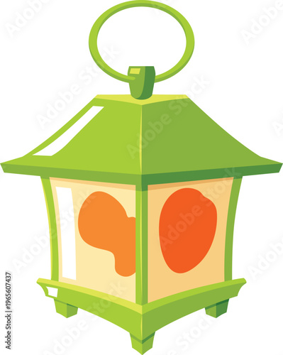 Vintage magic lantern flat vector, fairytale antique hanging candle holder green cube shape with handle, wizard lamp