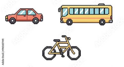 Pixel Art Car, Bus, Bicycle Icons - Transportation Vector Graphics