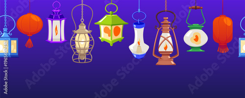 Fairytale antique hanging lanterns on blue background, vector cartoon vintage magic wizard lamps with burning candle